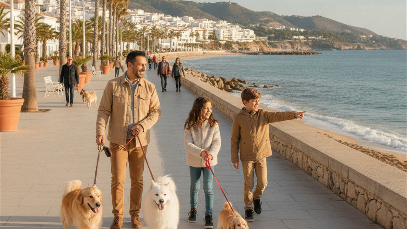 Familia paseando perro playa promenade Espana 2026