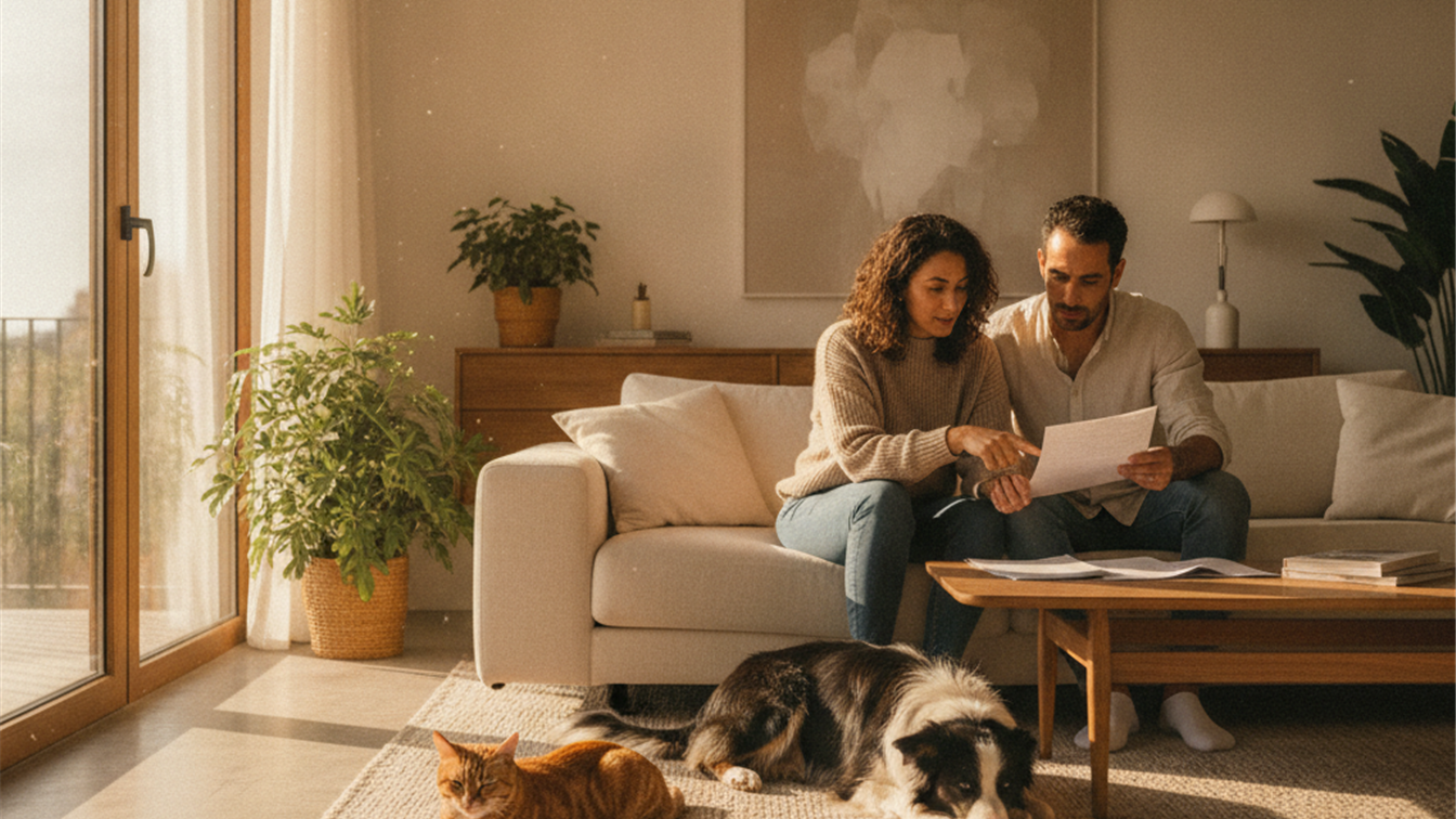 Familia con perro y gato en apartamento espanol revisando documentos de ley bienestar animal