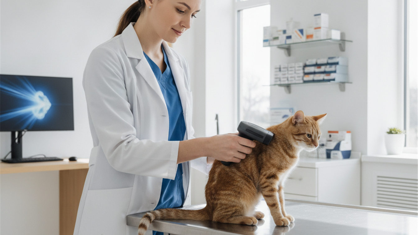 Veterinaria escaneando microchip en gato en clinica veterinaria moderna espana