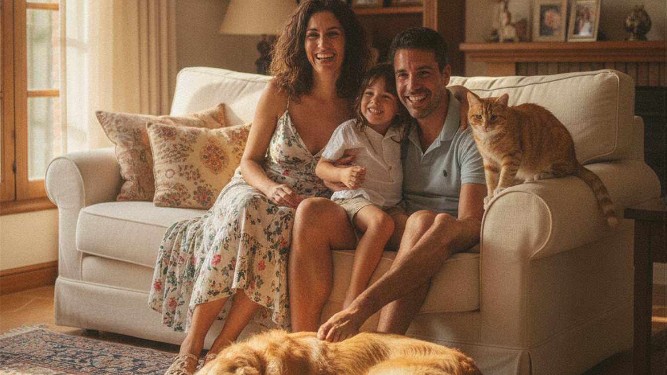 Familia española con perro y gato en casa 2026