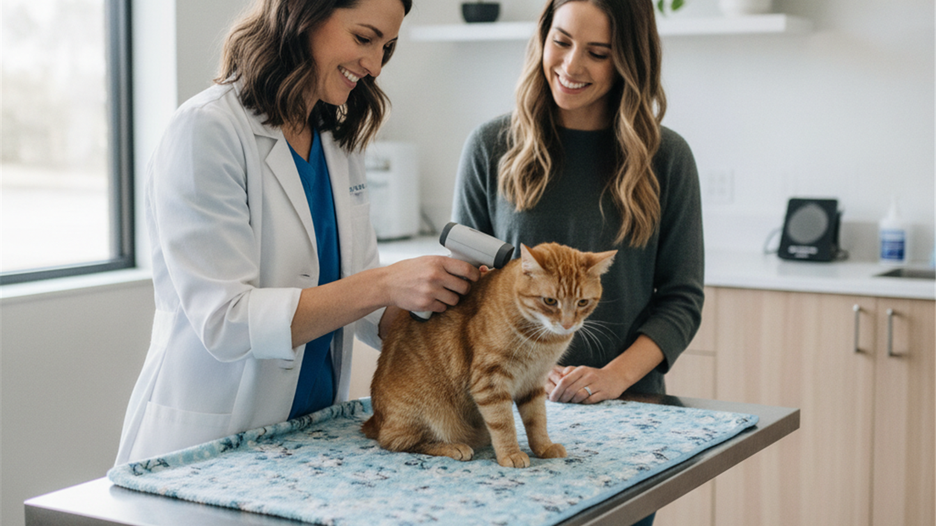 Veterinaria leyendo microchip de gato en clinica España
