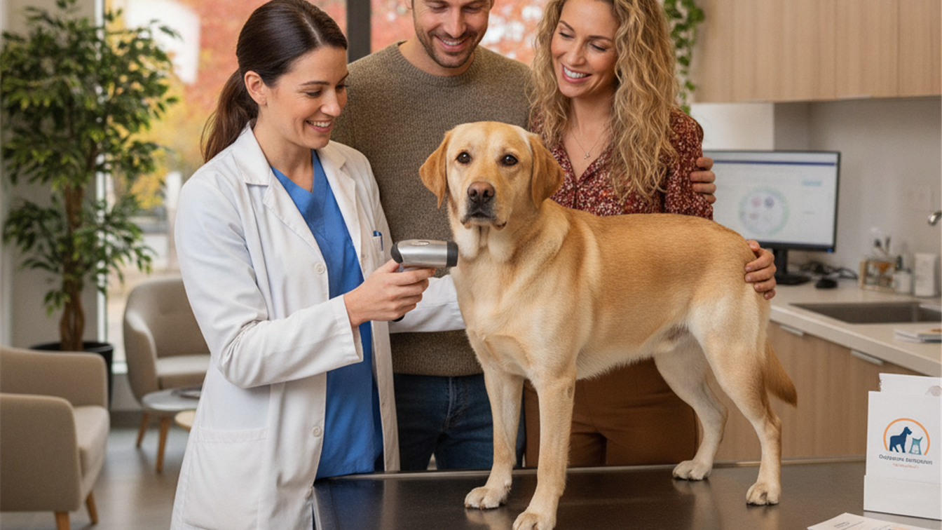 Veterinario escaneando microchip de perro en clinica moderna Espana