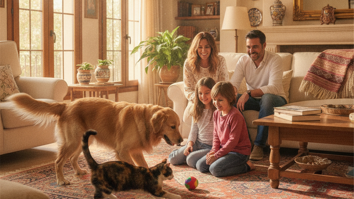 Familia espanola con perro y gato en casa