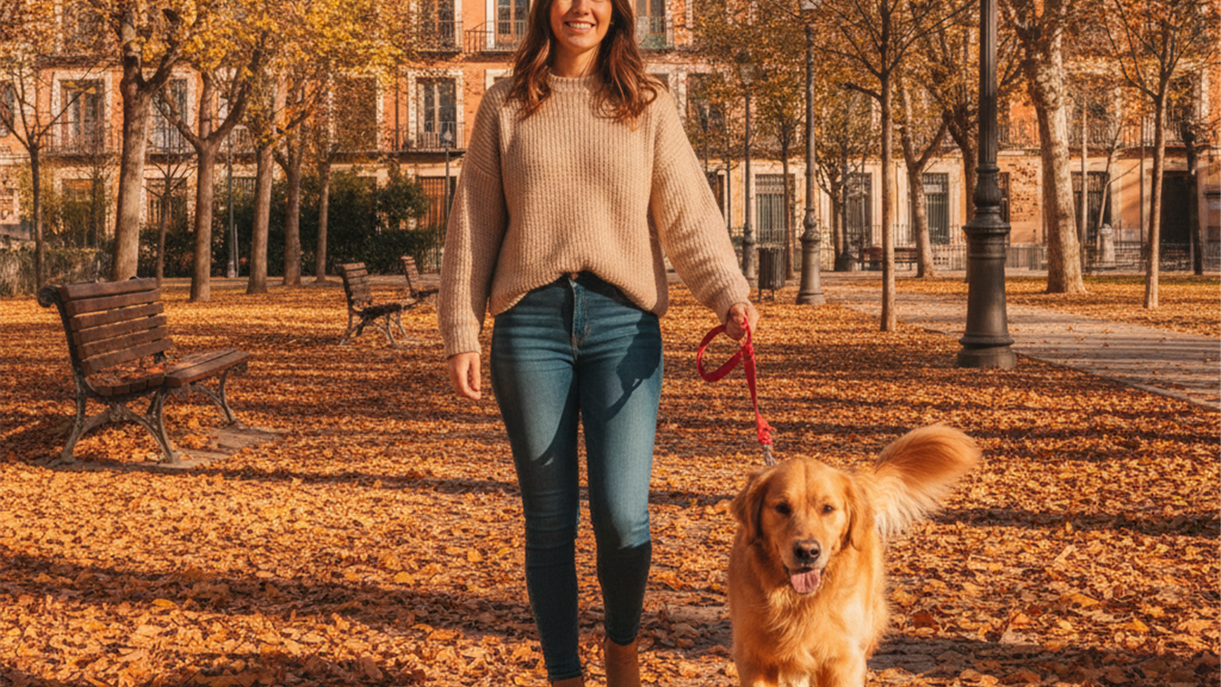 Mujer paseando perro parque Espana