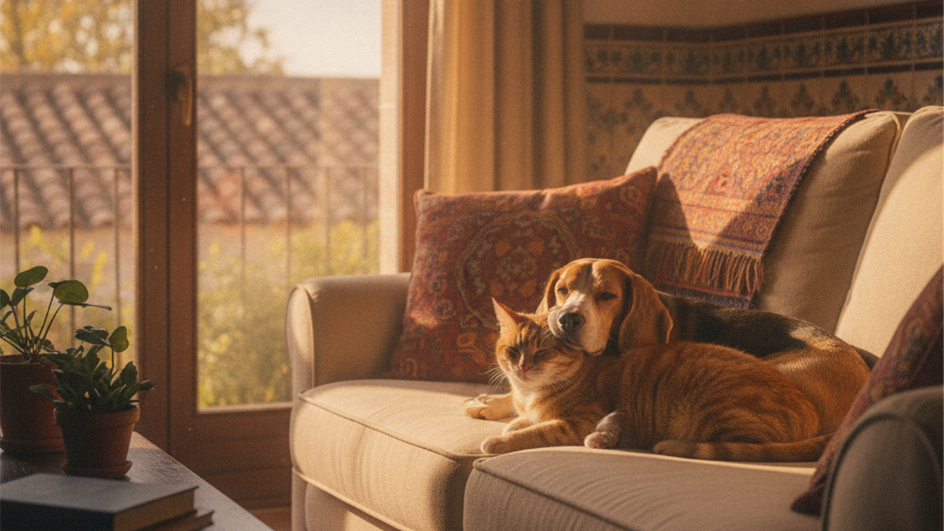 perro beagle y gato tabby juntos sofa casa espana