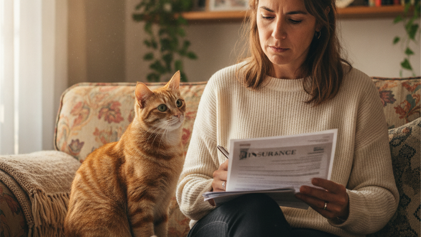 mujer revisando documentos de seguro para gato en casa