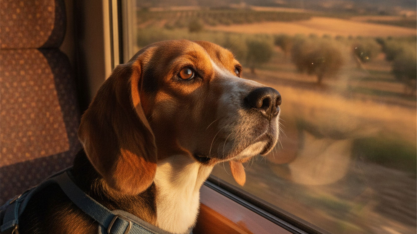 perro mirando por ventana tren España paisaje