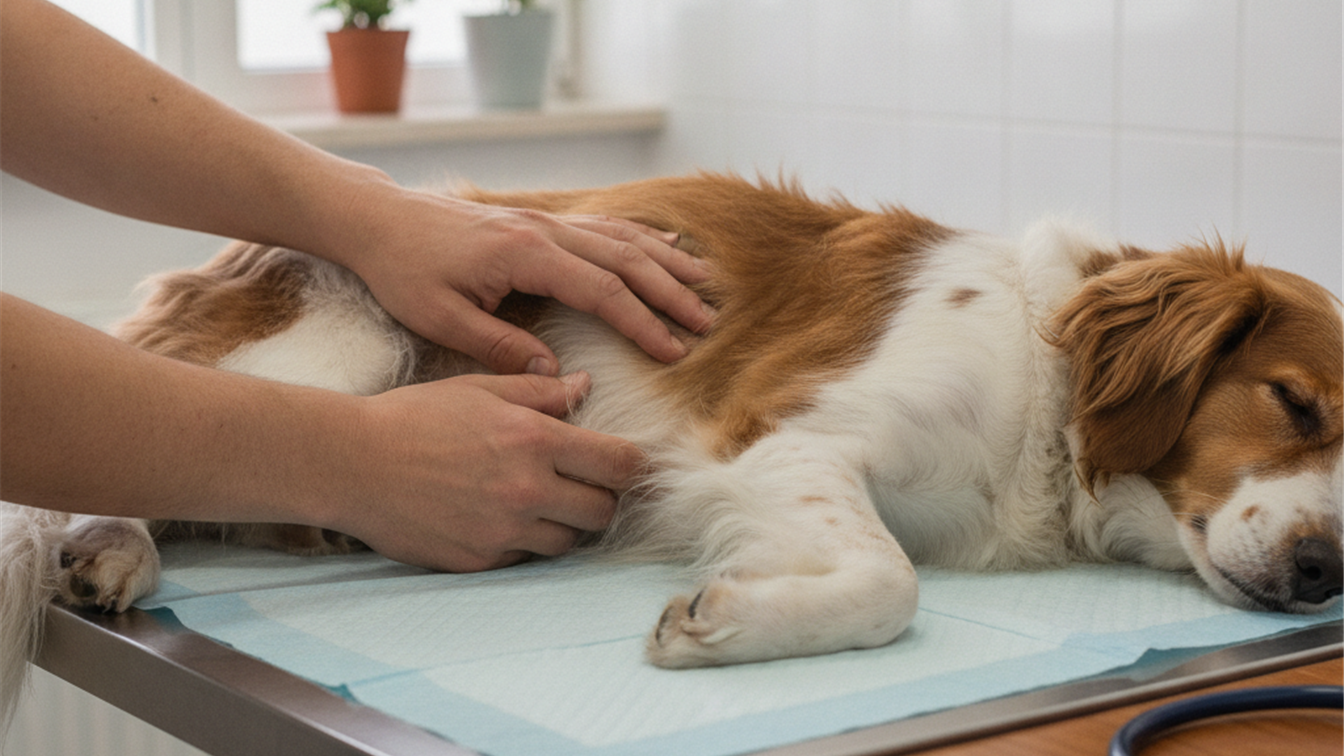 Veterinaria revisando la cicatriz de un perro tras la castración