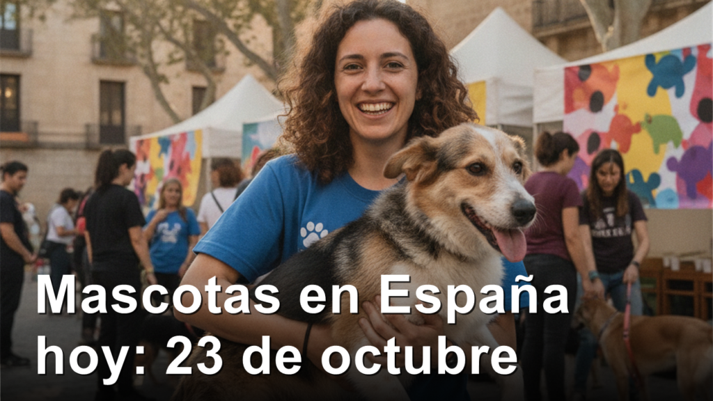 Perro de refugio abrazado por una voluntaria en una feria de adopcion