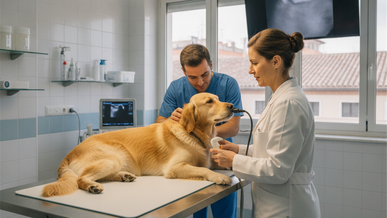 Veterinario espanol examinando perro en clinica moderna