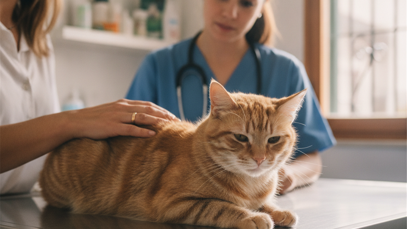 gato naranja en una consulta veterinaria acariciado por su dueno 2