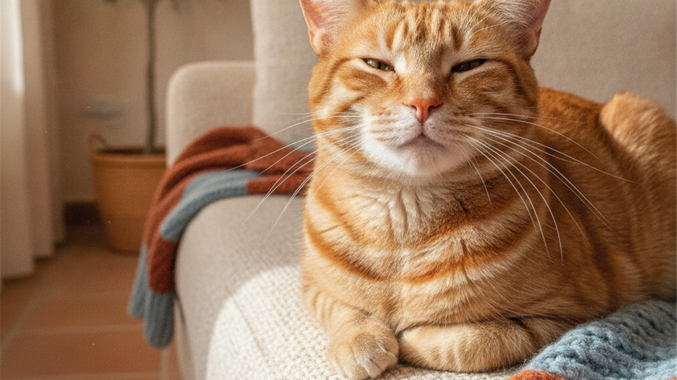 Gato naranja ronroneando en un sofa