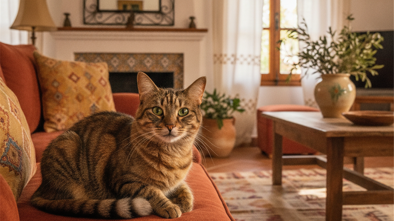 Gato atigrado sentado en un sofa mirando a la camara