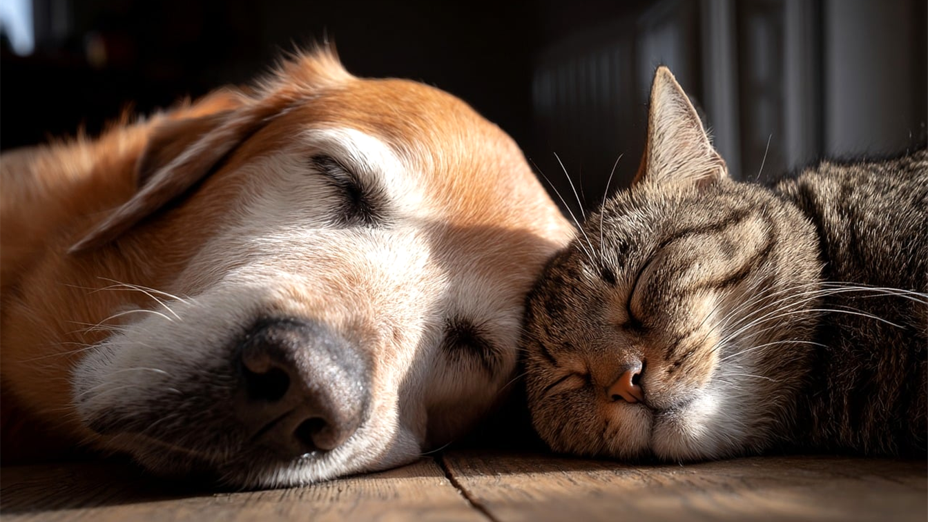 Perro y gato durmiendo juntos sobre un suelo de madera