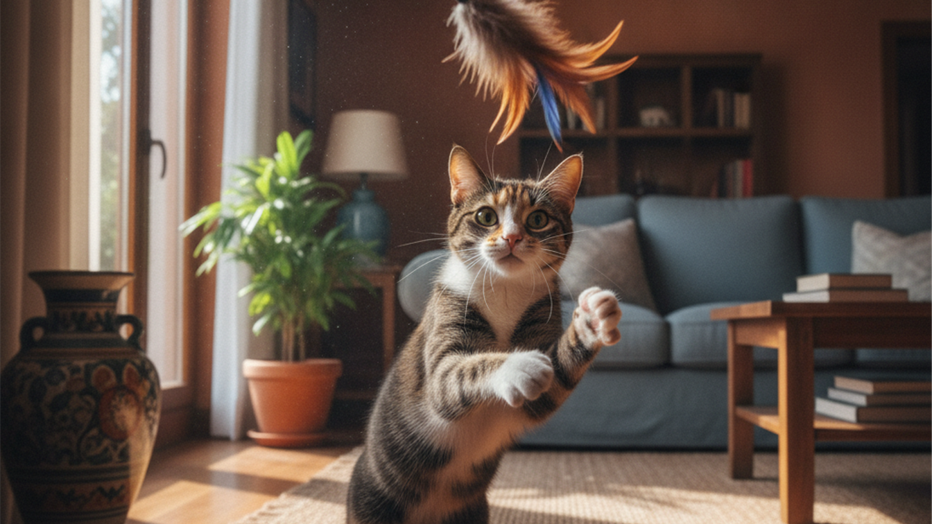 gato jugando con una caña de plumas en casa