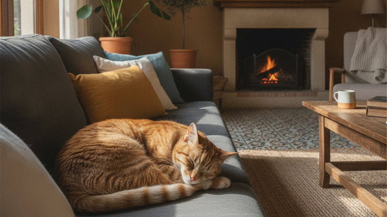 Gato atigrado durmiendo en un sofa en casa