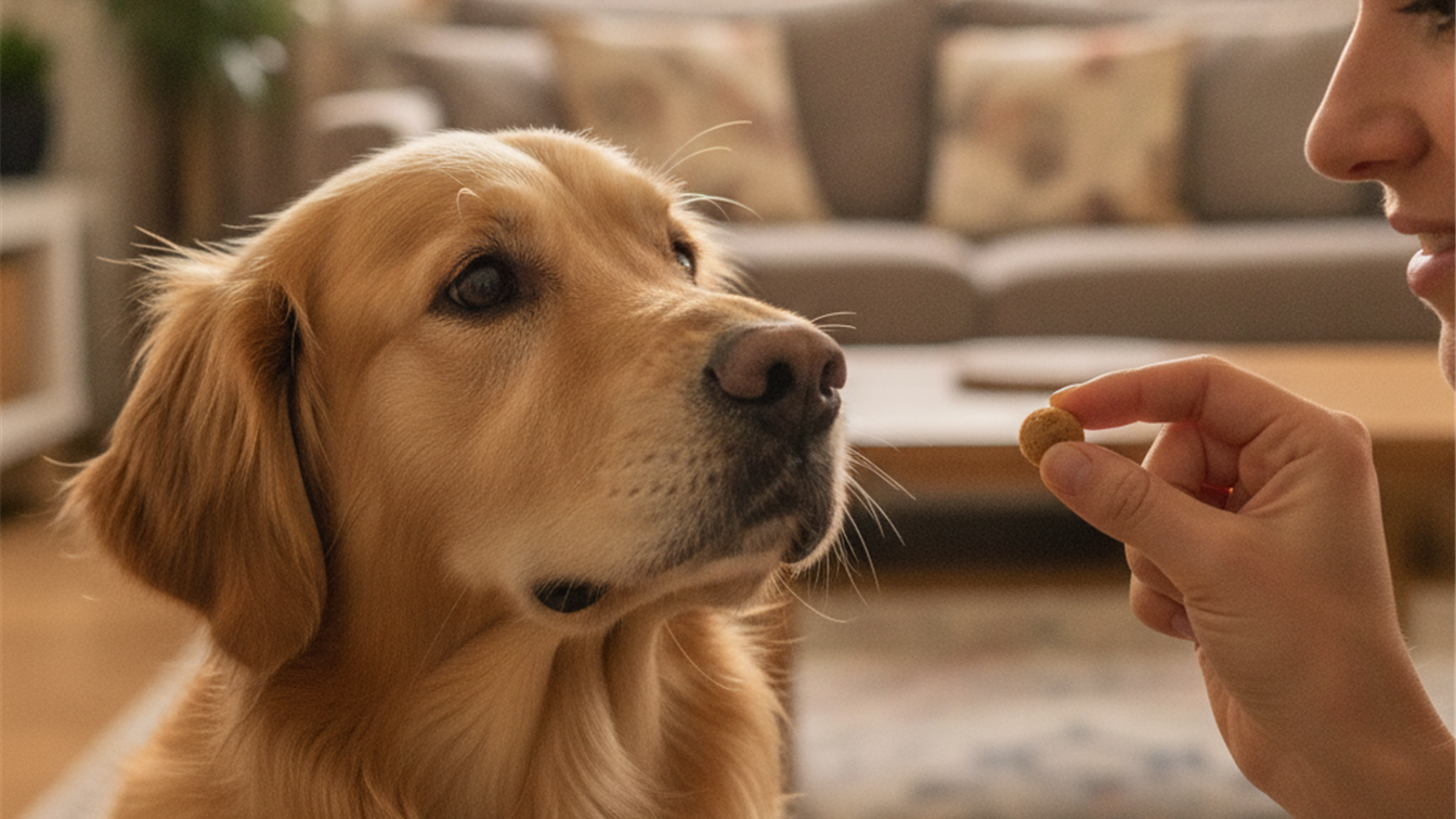 perro atento mirando a su dueña que le ofrece un premio