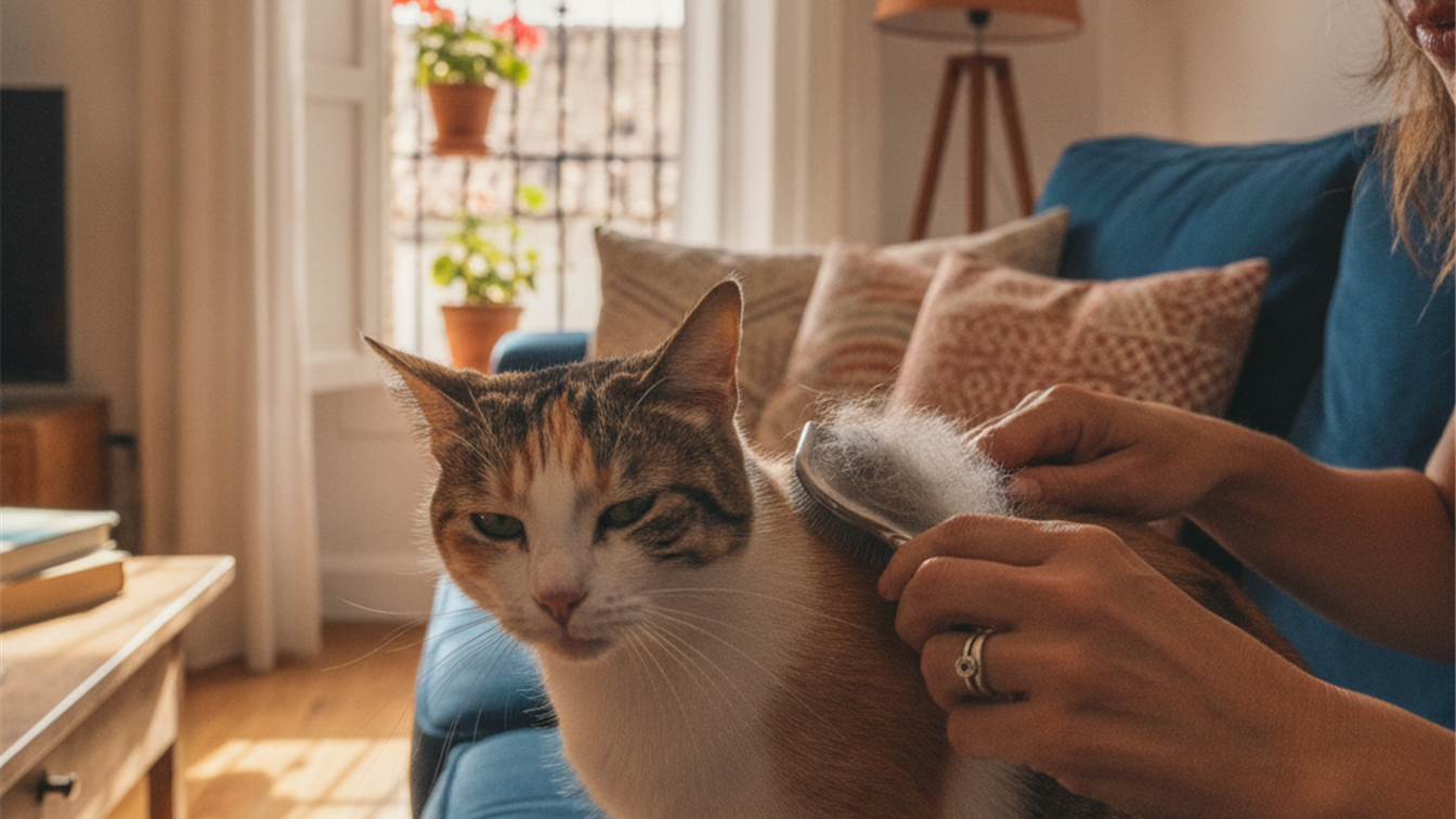 gato cepillado por su duena en el sofa